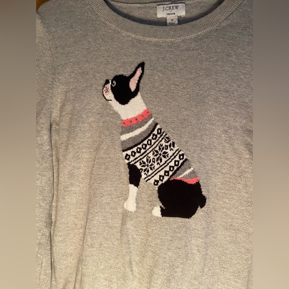 J. Crew Teddie Grey Knit French Bulldog Holiday Sweater Small Cotton Christmas - Picture 3 of 4